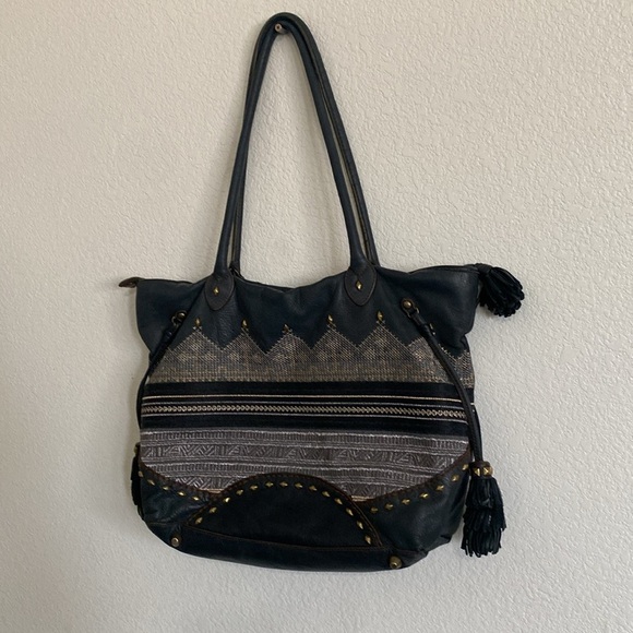 ISABELLA FIORE Studded Soft Thick Black Leather with Gold Silver Fabric Bag - Picture 6 of 14